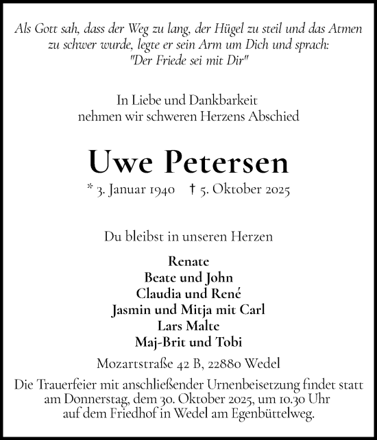 Traueranzeige von Uwe Petersen von Wedel-Schulauer Tageblatt, tip Wedel-Schulauer Tageblatt, tip Rissener Rundschau