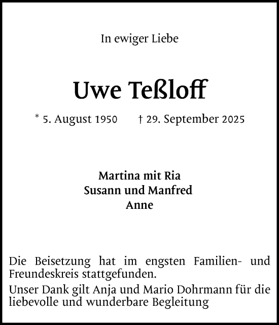 Traueranzeige von Uwe Teßloff von Region Pinneberg und tip Pinneberg