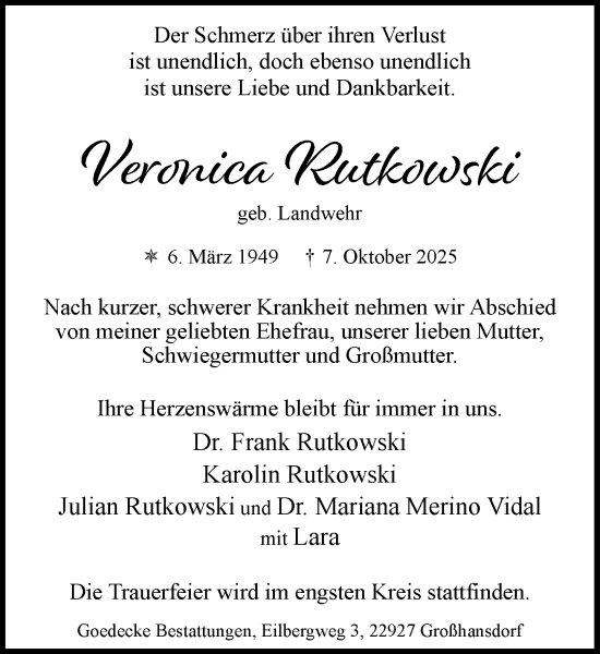 Traueranzeige von Veronica Rutkowski von MARKT Ahrensburg/Bargteheide/Trittau und Stormarner Tageblatt