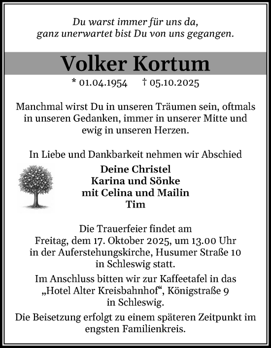 Traueranzeige von Volker Kortum von Holsteinischer Courier