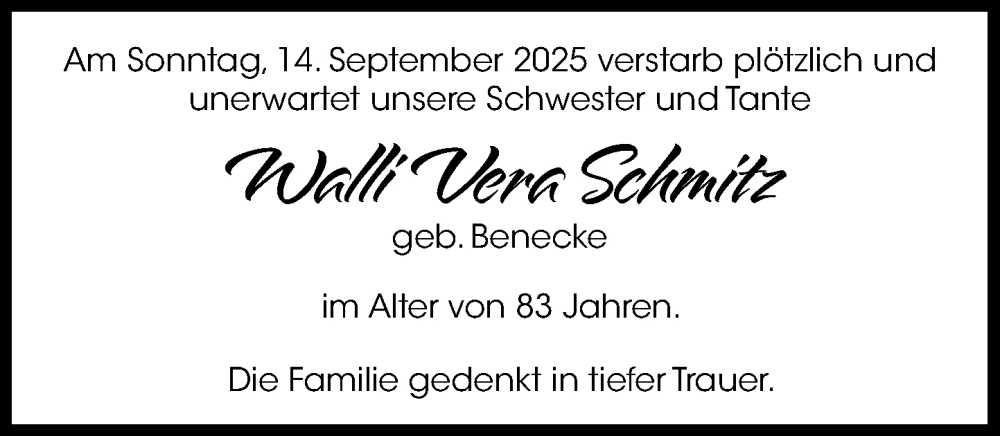  Traueranzeige für Walli Vera Schmitz vom 11.10.2025 aus Wochenend Anzeiger