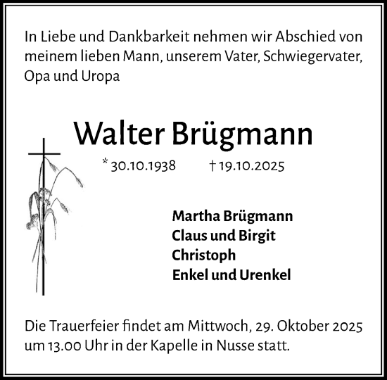 Traueranzeige von Walter Brügmann von MARKT Ratzeburg/Mölln