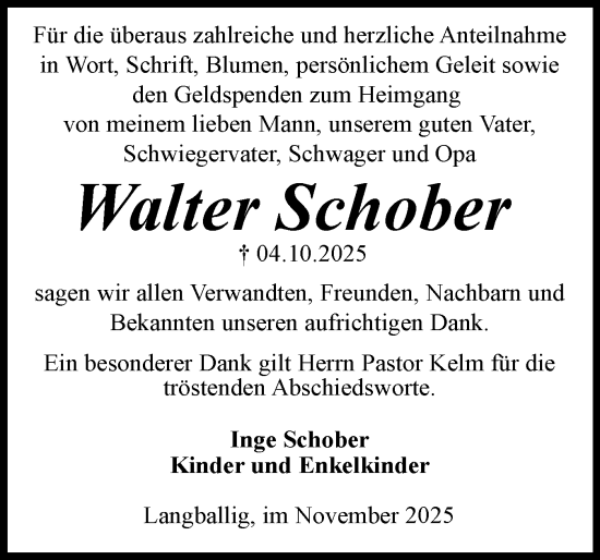 Traueranzeige von Walter Schober von Flensburger Tageblatt
