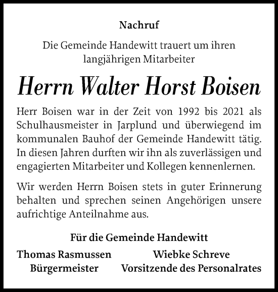 Traueranzeige von Walter Horst Boisen von Flensburger Tageblatt