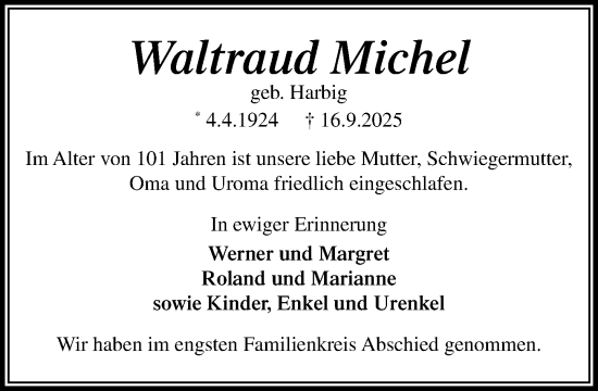 Traueranzeige von Waltraud Michel von MARKT Glinde/Reinfeld