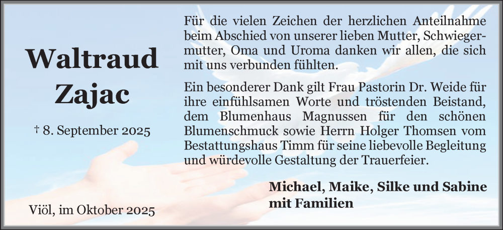  Traueranzeige für Waltraud Zajac vom 18.10.2025 aus Husumer Nachrichten, Nordfriesland Tageblatt