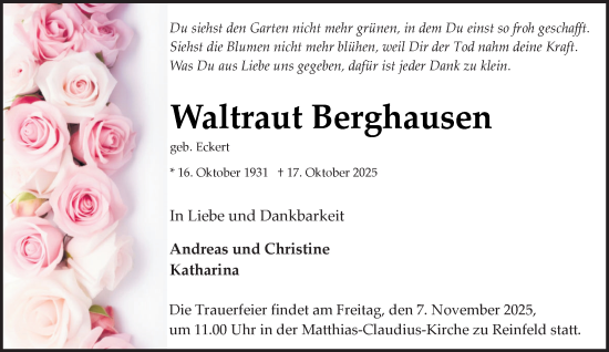 Traueranzeige von Waltraut Berghausen von MARKT Bad Oldesloe/Reinfeld und Stormarner Tageblatt