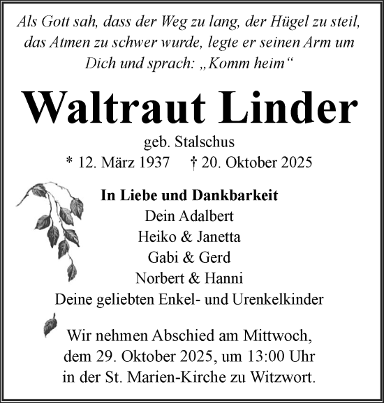 Traueranzeige von Waltraut Linder von Husumer Nachrichten, Nordfriesland Tageblatt