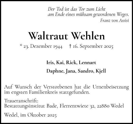 Traueranzeige von Waltraut Wehlen von Wedel-Schulauer Tageblatt, tip Wedel-Schulauer Tageblatt, tip Rissener Rundschau