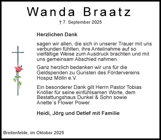 Traueranzeige von Wanda Braatz von MARKT Ratzeburg/Mölln