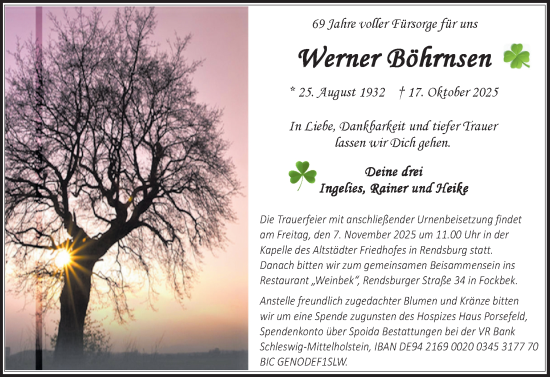 Traueranzeige von Werner Böhrnsen von Schleswig-Holsteinische Landeszeitung