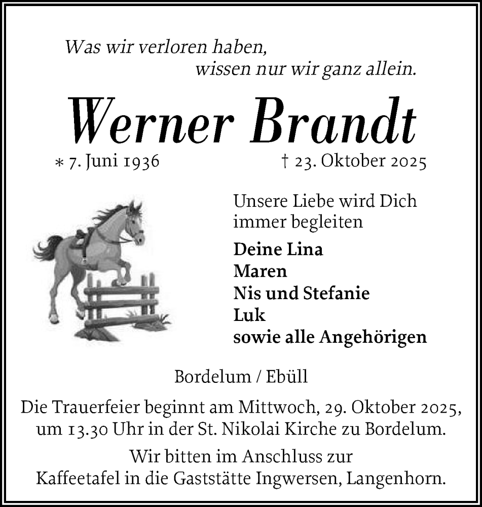  Traueranzeige für Werner Brandt vom 28.10.2025 aus Husumer Nachrichten, Nordfriesland Tageblatt