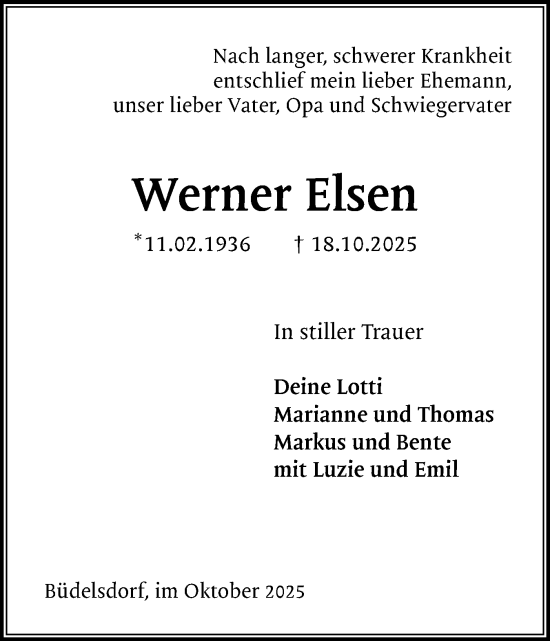Traueranzeige von Werner Elsen von Schleswig-Holsteinische Landeszeitung