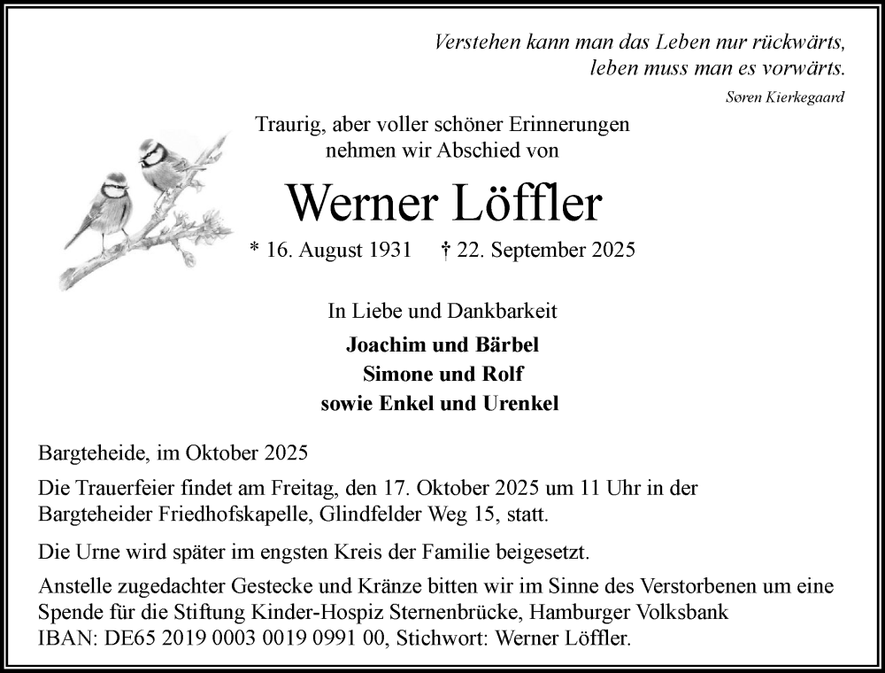  Traueranzeige für Werner Löffler vom 04.10.2025 aus MARKT Ahrensburg/Bargteheide/Trittau und Stormarner Tageblatt