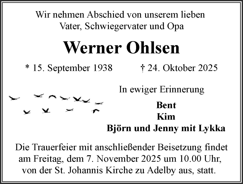  Traueranzeige für Werner Ohlsen vom 01.11.2025 aus Flensburger Tageblatt