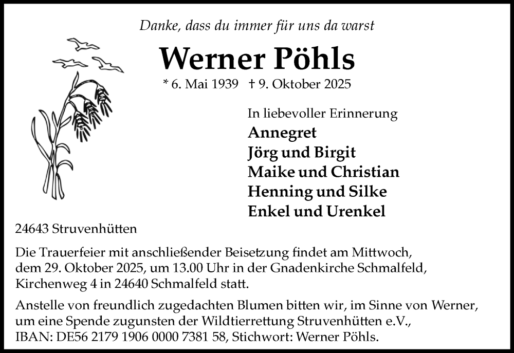  Traueranzeige für Werner Pöhls vom 25.10.2025 aus Umschau