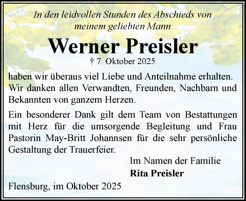  Traueranzeige für Werner Preisler vom 01.11.2025 aus Flensburger Tageblatt