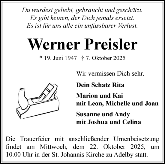 Traueranzeige von Werner Preisler von Flensburger Tageblatt
