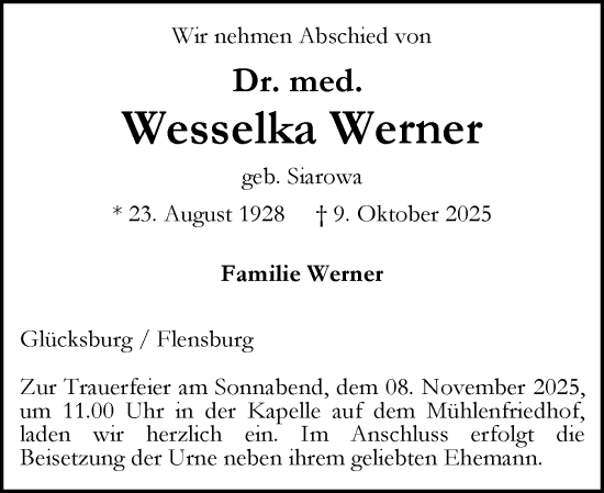 Traueranzeige von Wesselka Werner von Flensburger Tageblatt