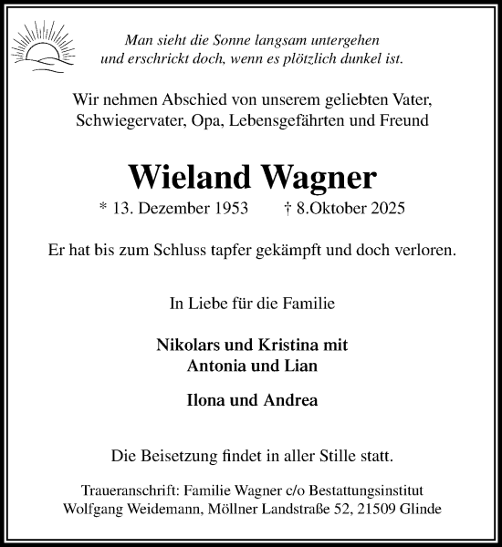 Traueranzeige von Wieland Wagner von MARKT Glinde/Reinfeld