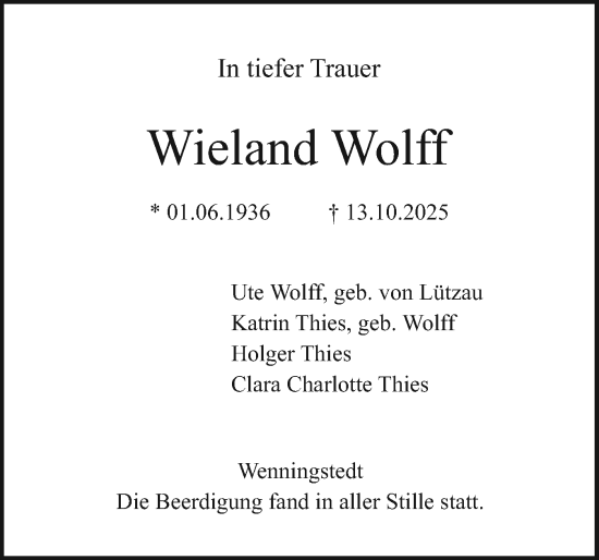 Traueranzeige von Wieland Wolff von Sylter Rundschau
