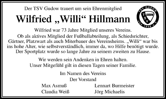 Traueranzeige von Wilfried Hillmann von MARKT Ratzeburg/Mölln