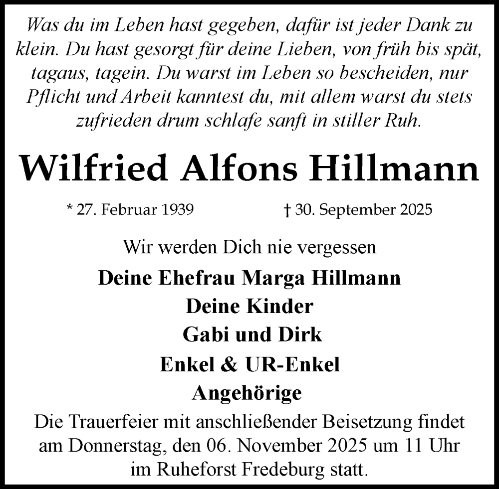  Traueranzeige für Wilfried Alfons Hillmann vom 01.11.2025 aus MARKT Ratzeburg/Mölln