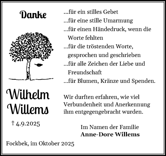 Traueranzeige von Wilhelm Willems von Schleswig-Holsteinische Landeszeitung
