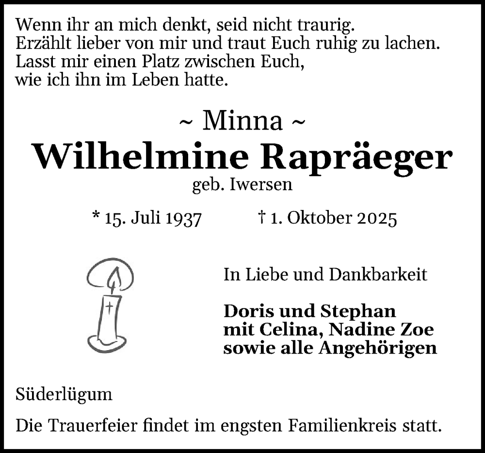  Traueranzeige für Wilhelmine Rapräeger vom 08.10.2025 aus Husumer Nachrichten, Nordfriesland Tageblatt