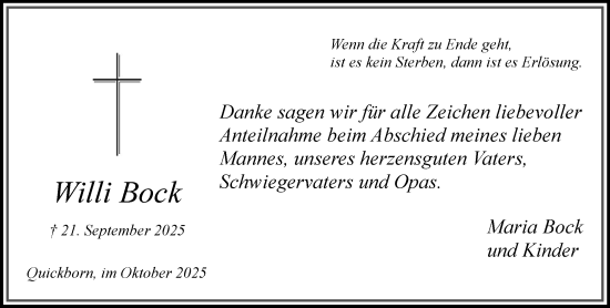 Traueranzeige von Willi Bock von Umschau