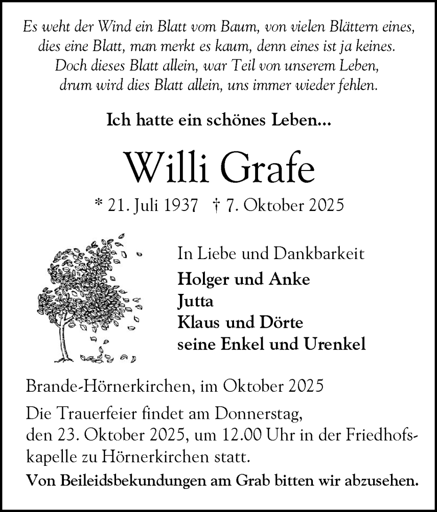  Traueranzeige für Willi Grafe vom 11.10.2025 aus Elmshorner Nachrichten, Barmstedter Zeitung