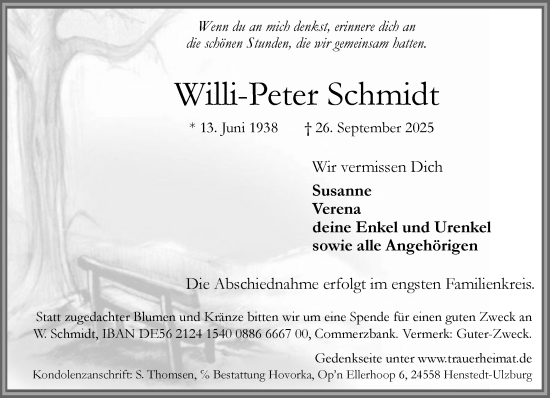 Traueranzeige von Willi-Peter Schmidt von Umschau