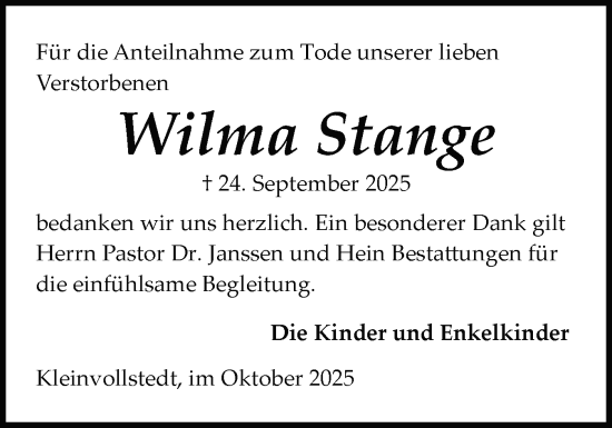 Traueranzeige von Wilma Stange von Schleswig-Holsteinische Landeszeitung