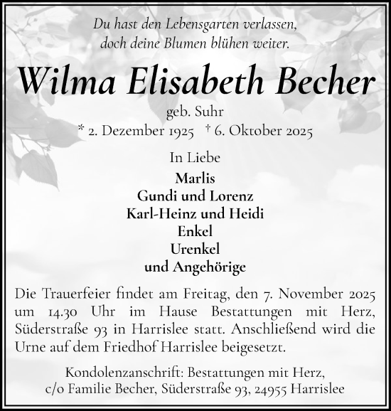 Traueranzeige von Wilma Elisabeth Becher von Flensburger Tageblatt