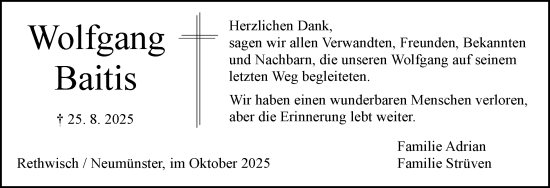 Traueranzeige von Wolfgang Baitis von Norddeutsche Rundschau, Wilstersche Zeitung, Glückstädter Fortuna