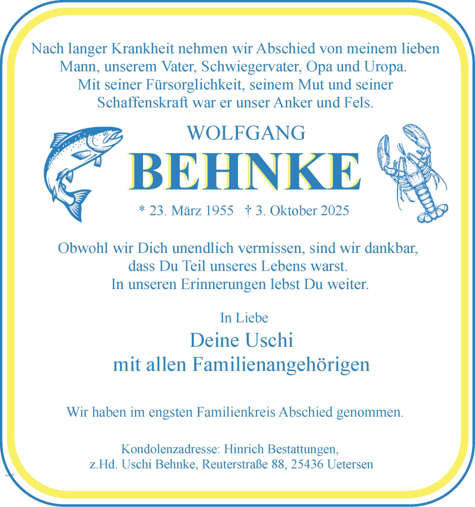  Traueranzeige für Wolfgang Behnke vom 01.11.2025 aus Uetersener Nachrichten, Der tip am Wochenende