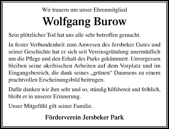Traueranzeige von Wolfgang Burow von MARKT Ahrensburg/Bargteheide/Trittau und Stormarner Tageblatt