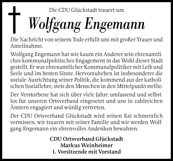 Traueranzeige von Wolfgang Engemann von Norddeutsche Rundschau, Wilstersche Zeitung, Glückstädter Fortuna