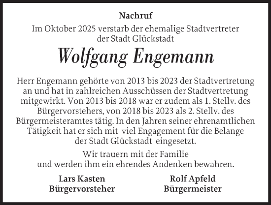 Traueranzeige von Wolfgang Engemann von Norddeutsche Rundschau, Wilstersche Zeitung, Glückstädter Fortuna