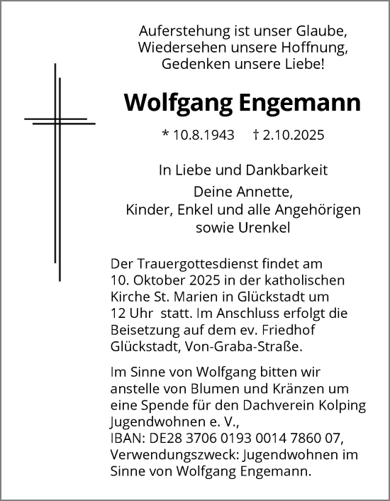Traueranzeige von Wolfgang Engemann von Norddeutsche Rundschau, Wilstersche Zeitung, Glückstädter Fortuna