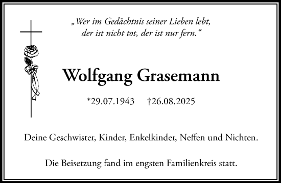 Traueranzeige von Wolfgang Grasemann von Heimatspiegel