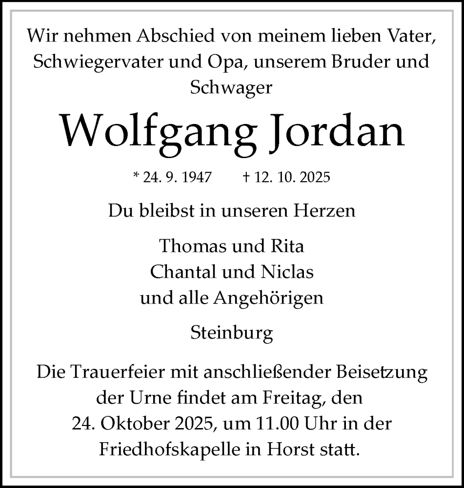  Traueranzeige für Wolfgang Jordan vom 18.10.2025 aus Norddeutsche Rundschau, Wilstersche Zeitung, Glückstädter Fortuna