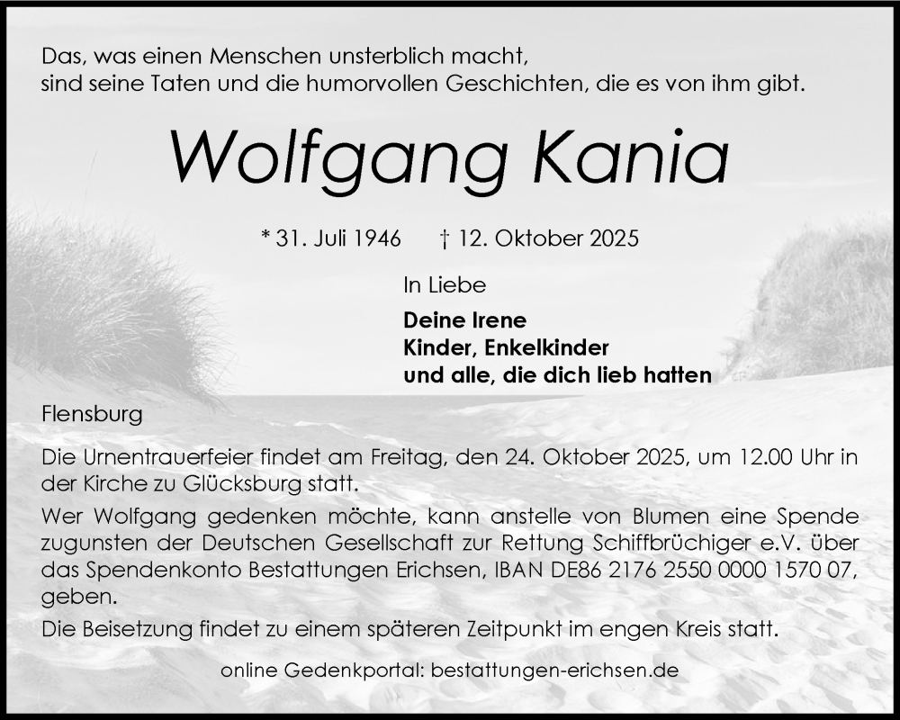  Traueranzeige für Wolfgang Kania vom 18.10.2025 aus Flensburger Tageblatt