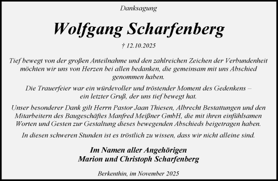 Traueranzeige von Wolfgang Scharfenberg von MARKT Ratzeburg/Mölln