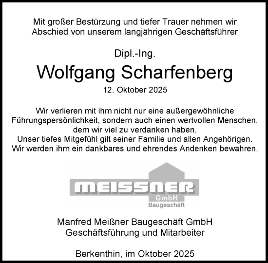 Traueranzeige von Wolfgang Scharfenberg von MARKT Ratzeburg/Mölln