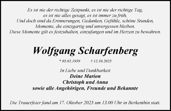 Traueranzeige von Wolfgang Scharfenberg von MARKT Ratzeburg/Mölln