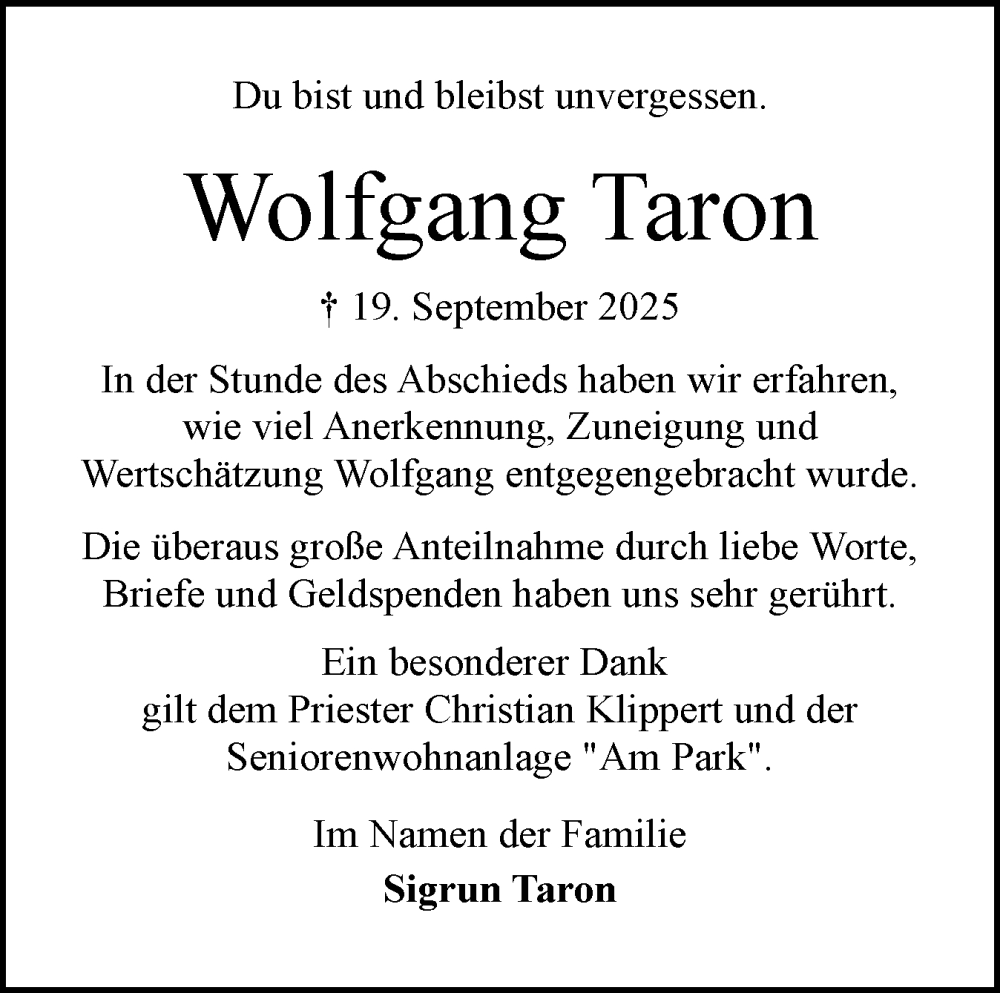 Traueranzeige für Wolfgang Taron vom 25.10.2025 aus Schleswig-Holsteinische Landeszeitung
