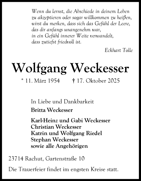 Traueranzeige von Wolfgang Weckesser von Ostholsteiner Anzeiger