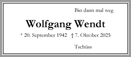 Traueranzeige von Wolfgang Wendt von Umschau