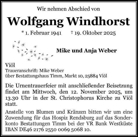 Traueranzeige von Wolfgang Windhorst von Husumer Nachrichten, Nordfriesland Tageblatt